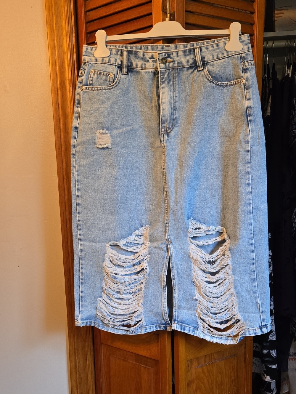 SHEIN Light Blue Distressed Denim Midi Skirt